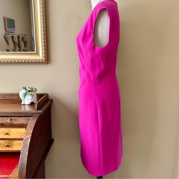 Elie Tahari Fuchsia Pink Crepe V-Neck Sheath Dress Cap Sleeve Size 14 - Picture 5 of 13